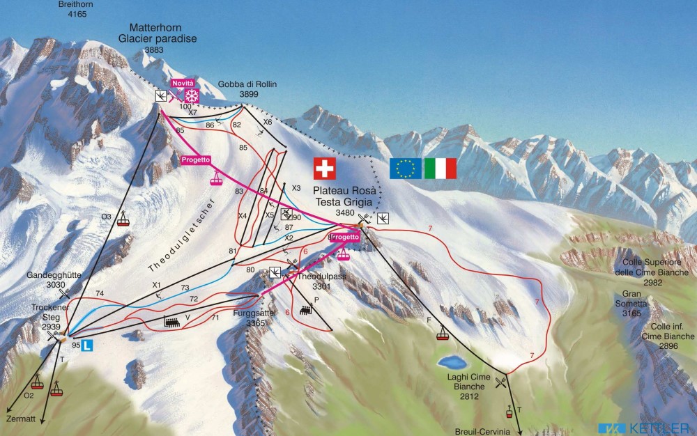 Breuil-Cervinia Pistekaart zomer.